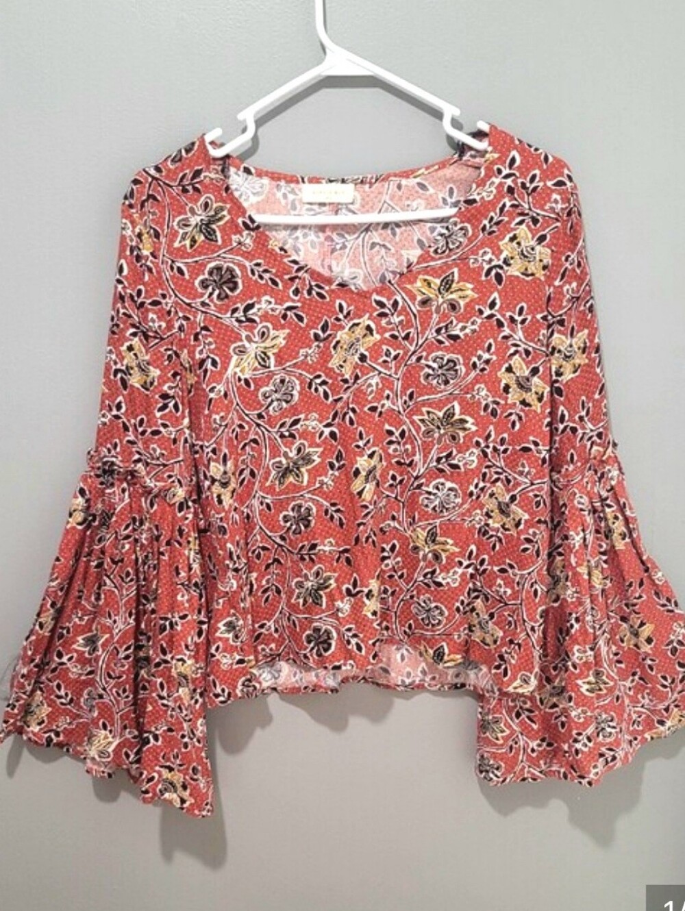 SOPHIA RUE Womens Burnt Orange Floral Waterfall Sleeve Top Sz Sm